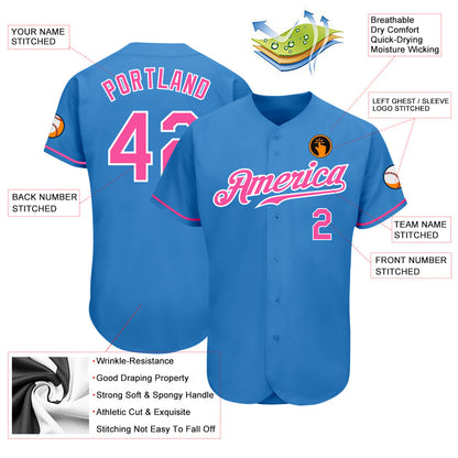 Custom Powder Blue Pink-White Authentic Baseball Jersey - Sky-Custom