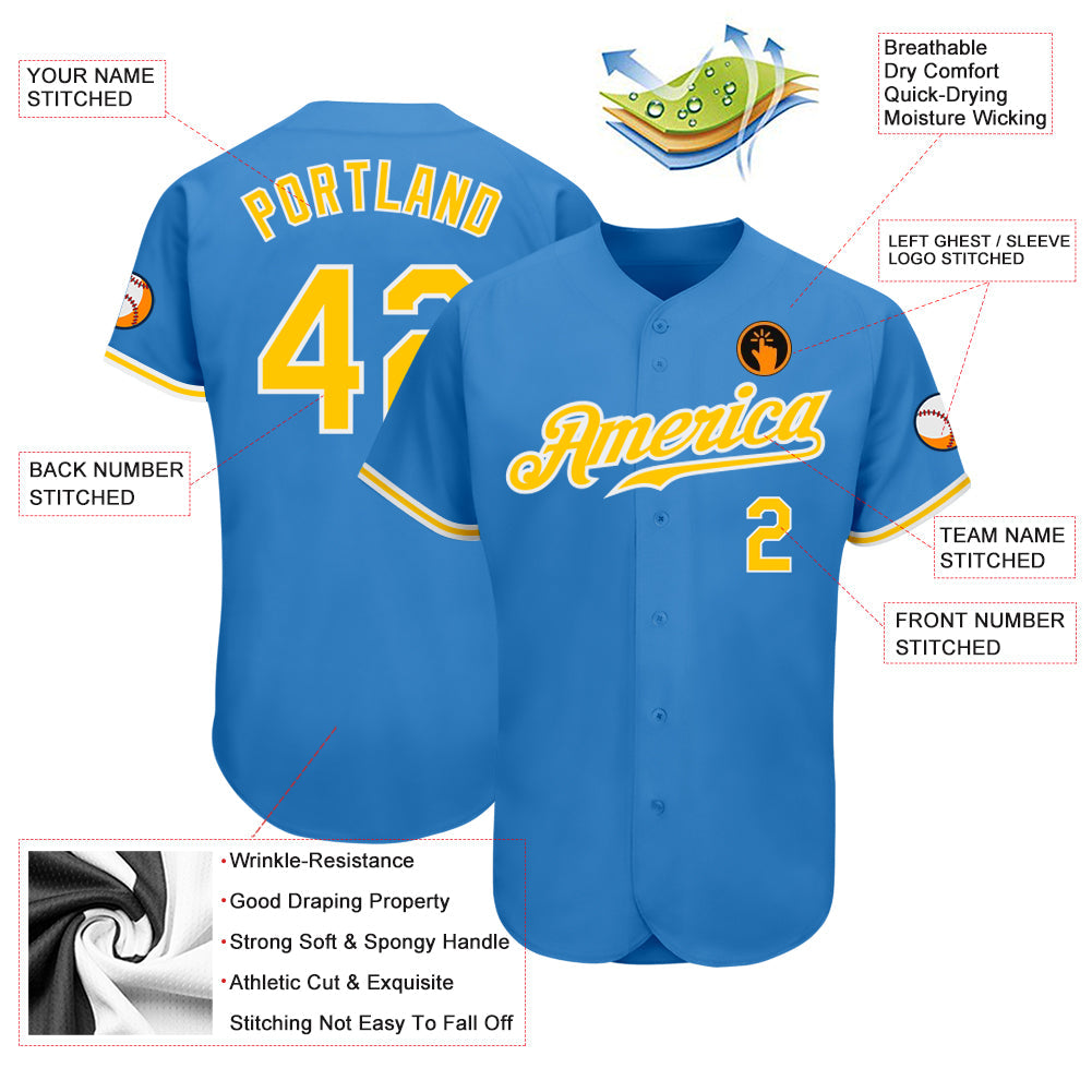 Custom Powder Blue Gold-White Authentic Baseball Jersey - Sky-Custom
