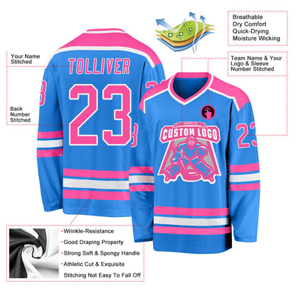 Custom Powder Blue Pink-White Hockey Jersey - Sky-Custom