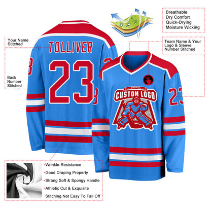 Custom Powder Blue Red-White Hockey Jersey - Sky-Custom