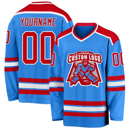 Custom Powder Blue Red-White Hockey Jersey - Sky-Custom