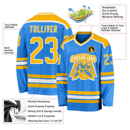 Custom Powder Blue Gold-White Hockey Jersey - Sky-Custom