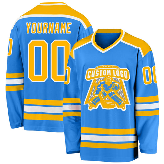 Custom Powder Blue Gold-White Hockey Jersey - Sky-Custom