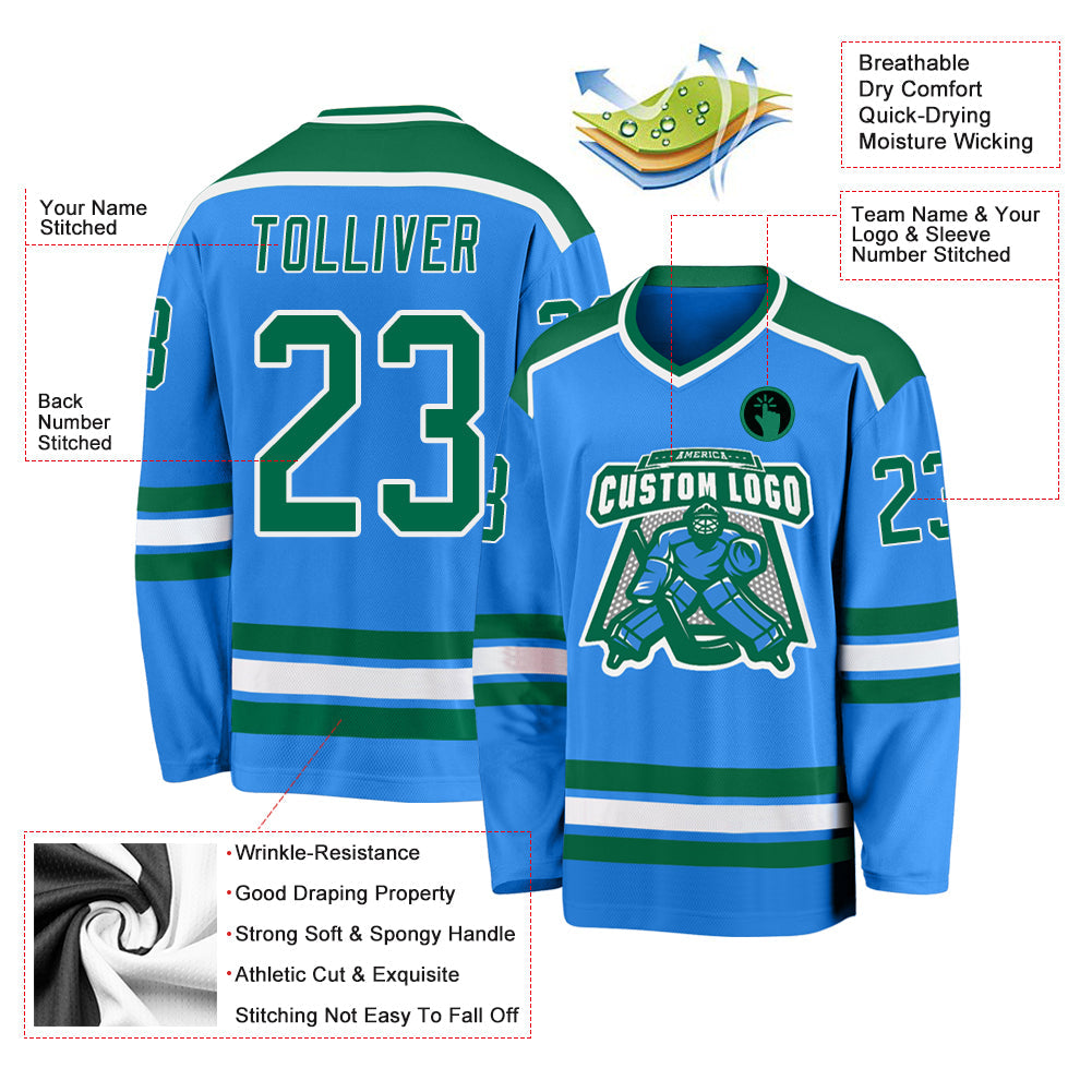 Custom Powder Blue Kelly Green-White Hockey Jersey - Sky-Custom