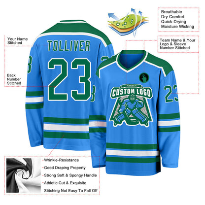 Custom Powder Blue Kelly Green-White Hockey Jersey - Sky-Custom