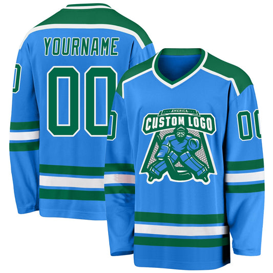 Custom Powder Blue Kelly Green-White Hockey Jersey - Sky-Custom