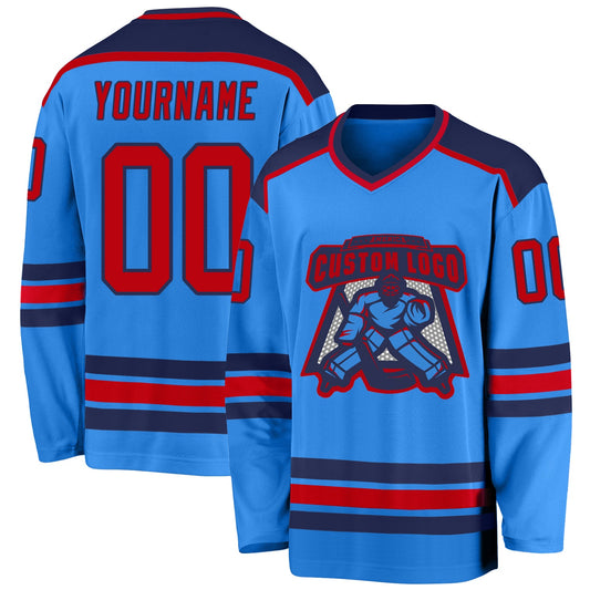 Custom Powder Blue Red-Navy Hockey Jersey - Sky-Custom
