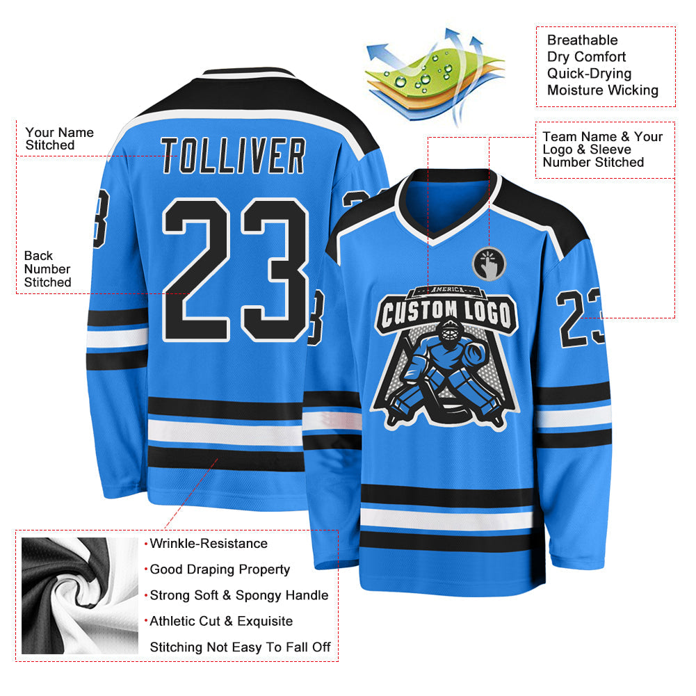 Custom Powder Blue Black-White Hockey Jersey - Sky-Custom