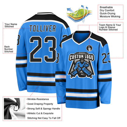 Custom Powder Blue Black-White Hockey Jersey - Sky-Custom