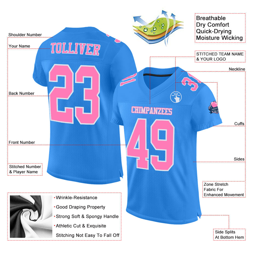 Custom Powder Blue Pink-White Mesh Authentic Football Jersey - Sky-Custom