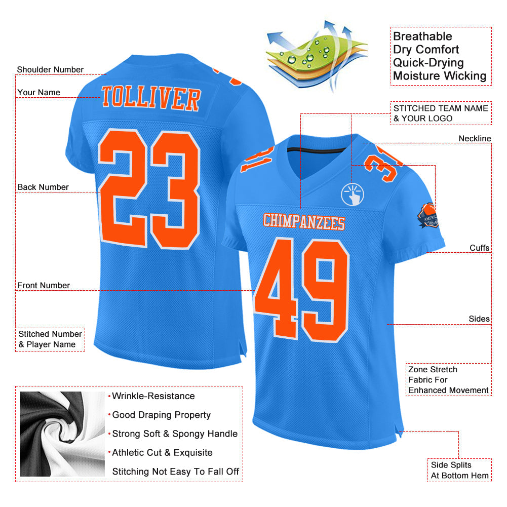 Custom Powder Blue Orange-White Mesh Authentic Football Jersey - Sky-Custom