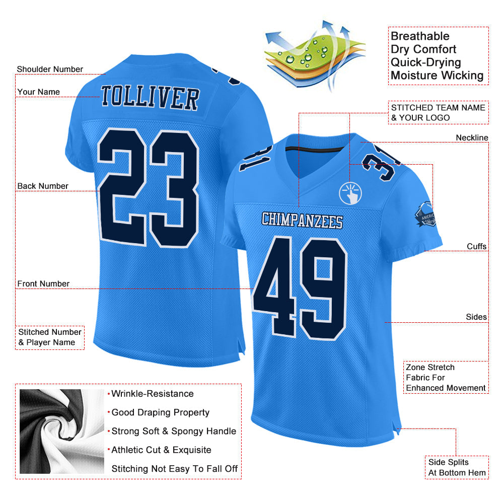 Custom Powder Blue Navy-White Mesh Authentic Football Jersey - Sky-Custom