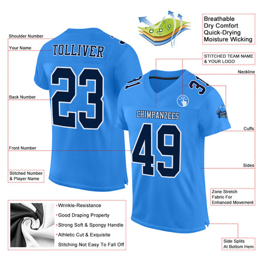 Custom Powder Blue Navy-White Mesh Authentic Football Jersey - Sky-Custom