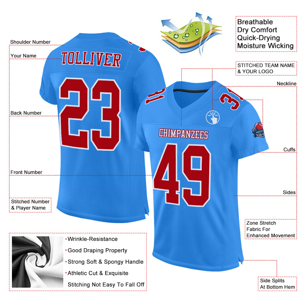 Custom Powder Blue Red-White Mesh Authentic Football Jersey - Sky-Custom