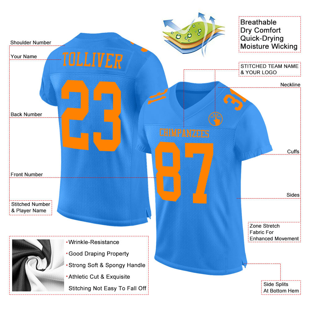 Custom Powder Blue Bay Orange Mesh Authentic Football Jersey - Sky-Custom