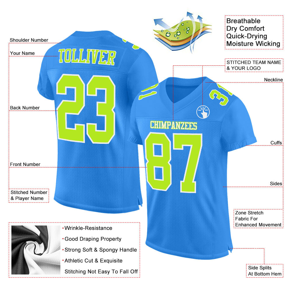 Custom Powder Blue Neon Green-White Mesh Authentic Football Jersey - Sky-Custom