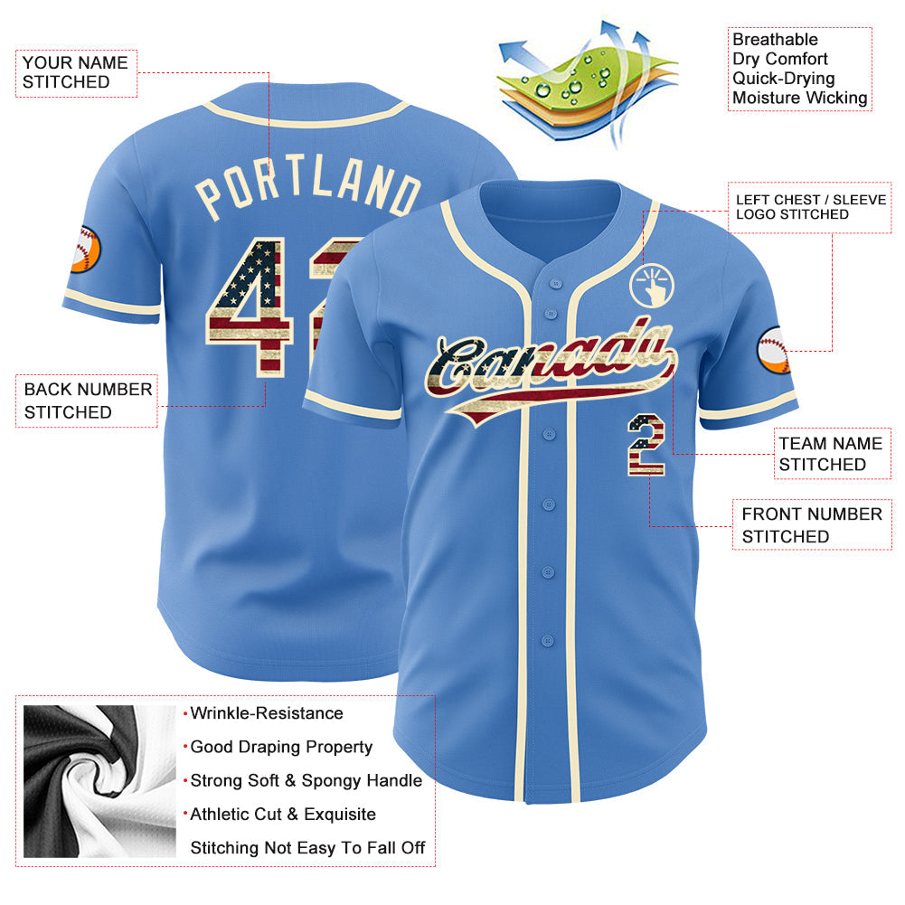 Custom Powder Blue Vintage USA Flag-Cream Authentic Baseball Jersey - Sky-Custom