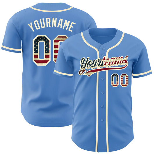 Custom Powder Blue Vintage USA Flag-Cream Authentic Baseball Jersey - Sky-Custom