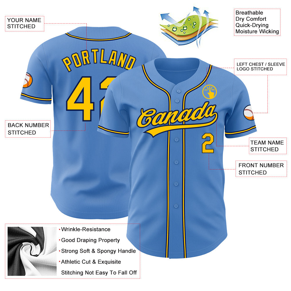 Custom Powder Blue Yellow-Navy Authentic Baseball Jersey - Sky-Custom