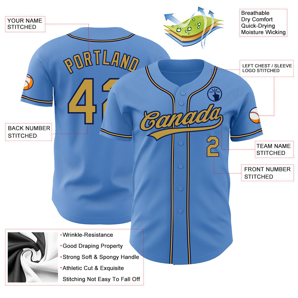 Custom Powder Blue Old Gold-Navy Authentic Baseball Jersey - Sky-Custom