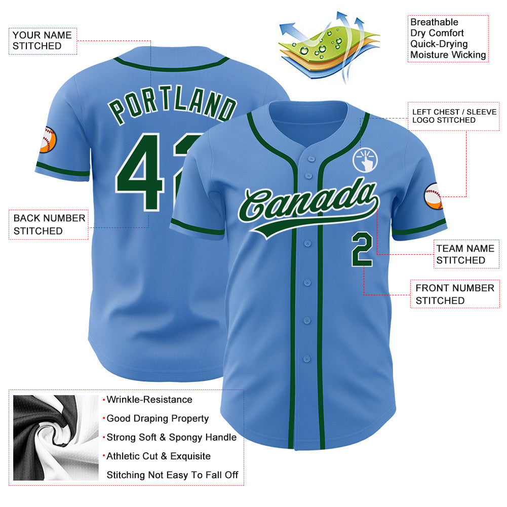 Custom Powder Blue Green-White Authentic Baseball Jersey - Sky-Custom