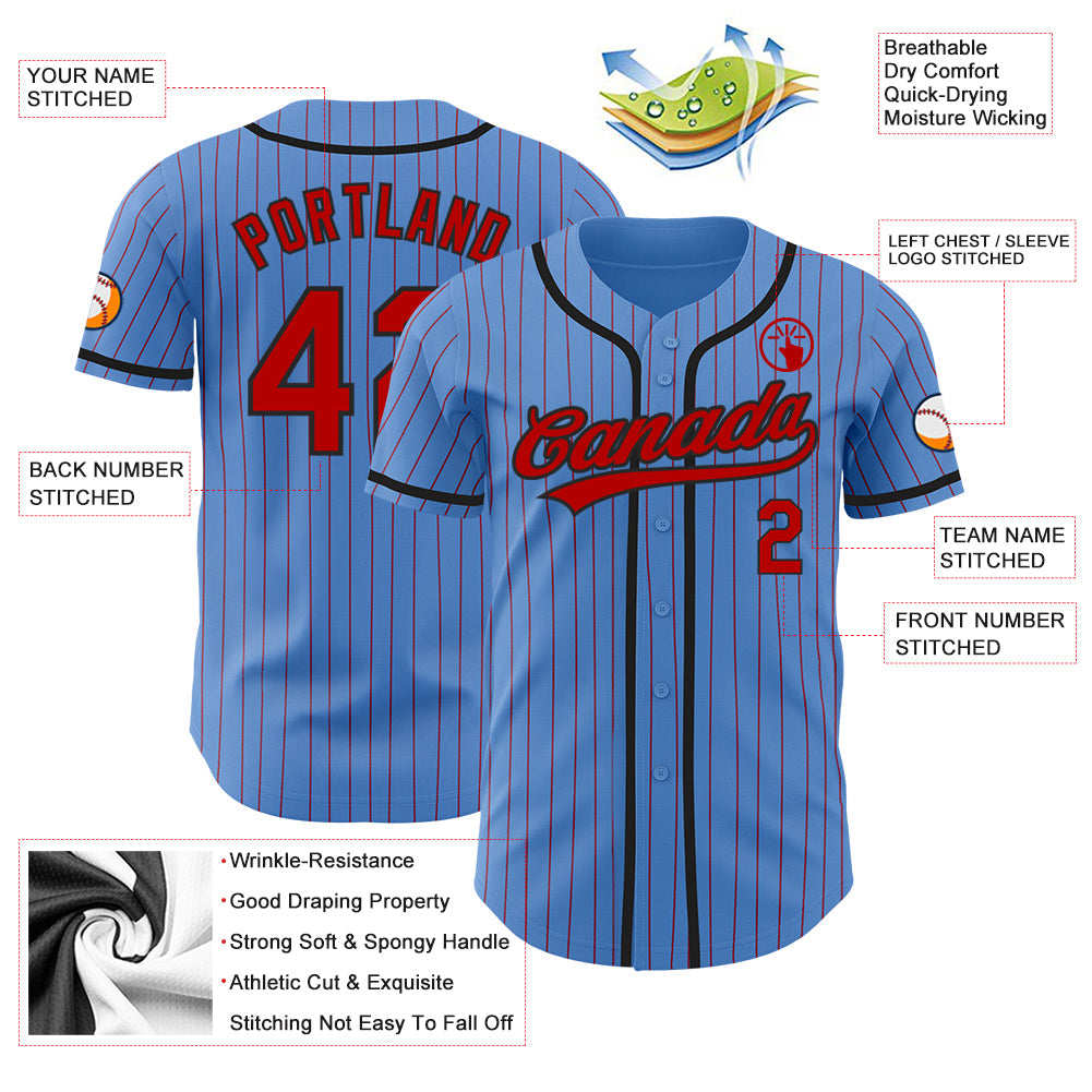 Custom Powder Blue Red Pinstripe Black Authentic Baseball Jersey - Sky-Custom