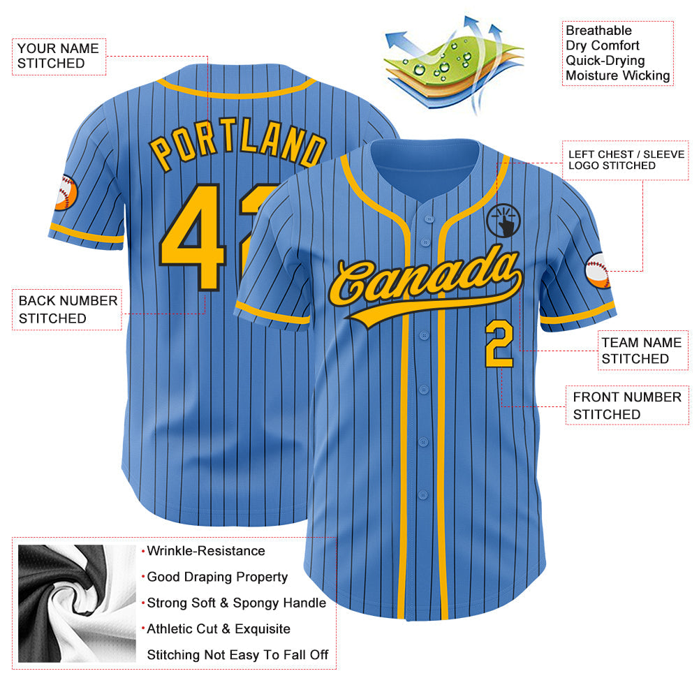 Custom Powder Blue Black Pinstripe Gold Authentic Baseball Jersey - Sky-Custom