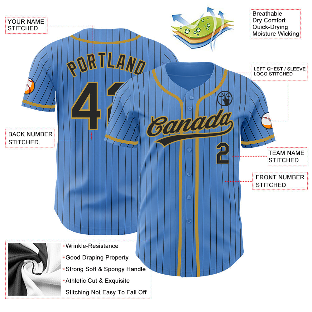 Custom Powder Blue Black Pinstripe Old Gold Authentic Baseball Jersey - Sky-Custom