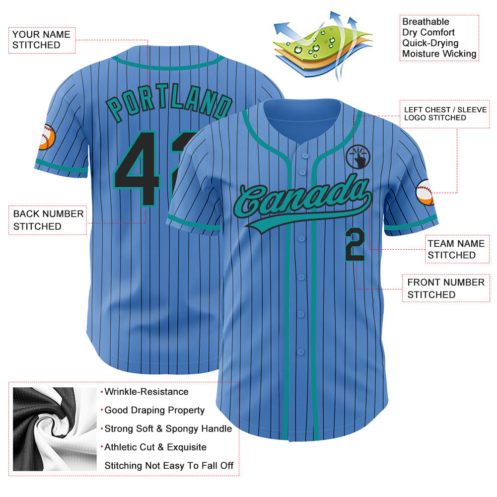 Custom Powder Blue Black Pinstripe Teal Authentic Baseball Jersey - Sky-Custom