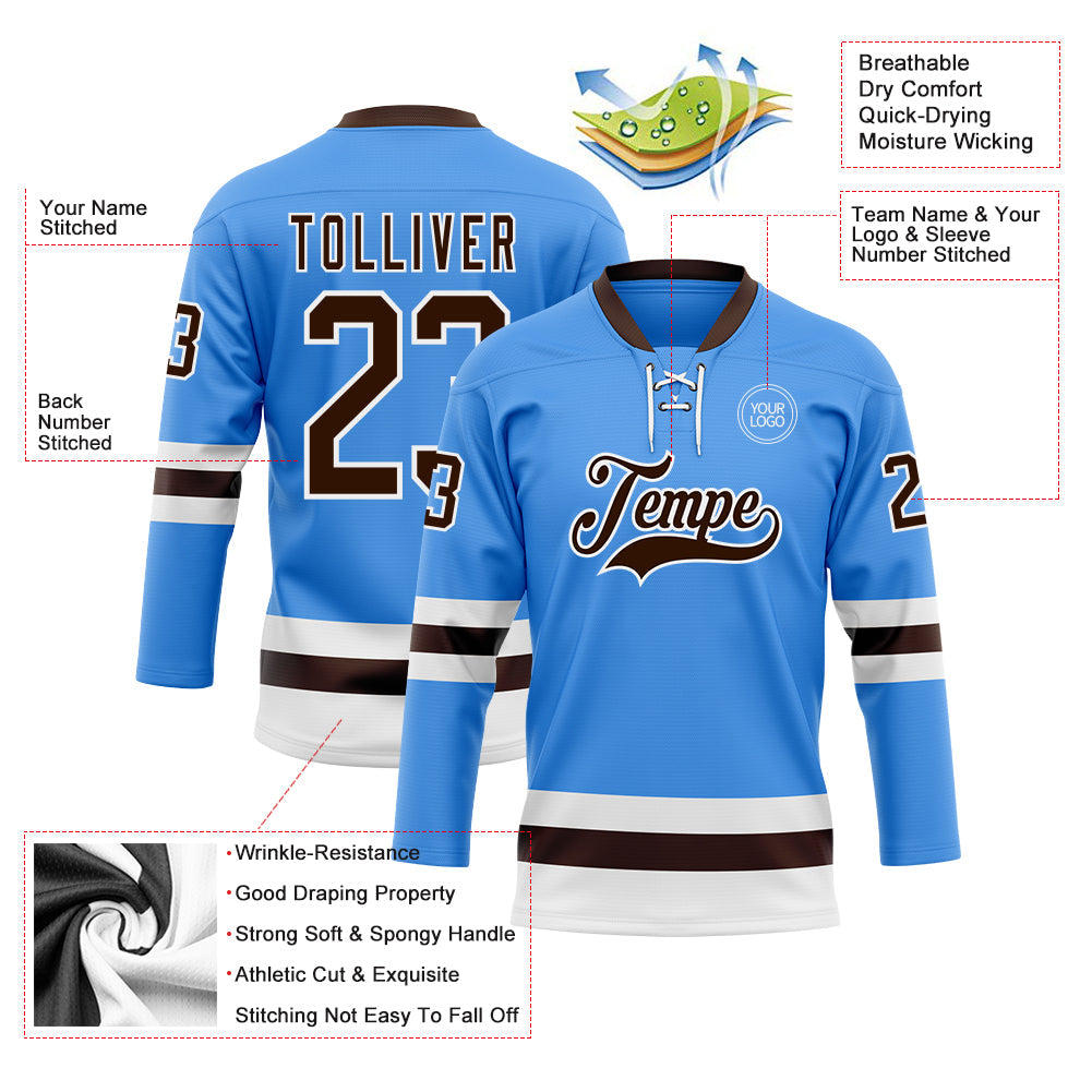 Custom Sky Blue Brown-White Hockey Lace Neck Jersey - Sky-Custom