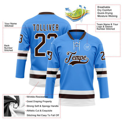 Custom Sky Blue Brown-White Hockey Lace Neck Jersey - Sky-Custom