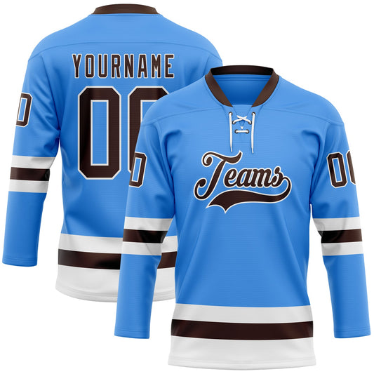 Custom Sky Blue Brown-White Hockey Lace Neck Jersey - Sky-Custom