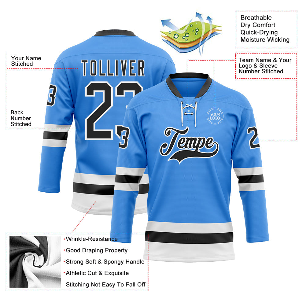 Custom Sky Blue Black-White Hockey Lace Neck Jersey - Sky-Custom
