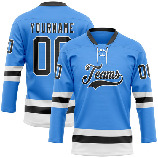 Custom Sky Blue Black-White Hockey Lace Neck Jersey - Sky-Custom