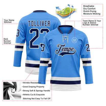 Custom Sky Blue Navy-White Hockey Lace Neck Jersey - Sky-Custom