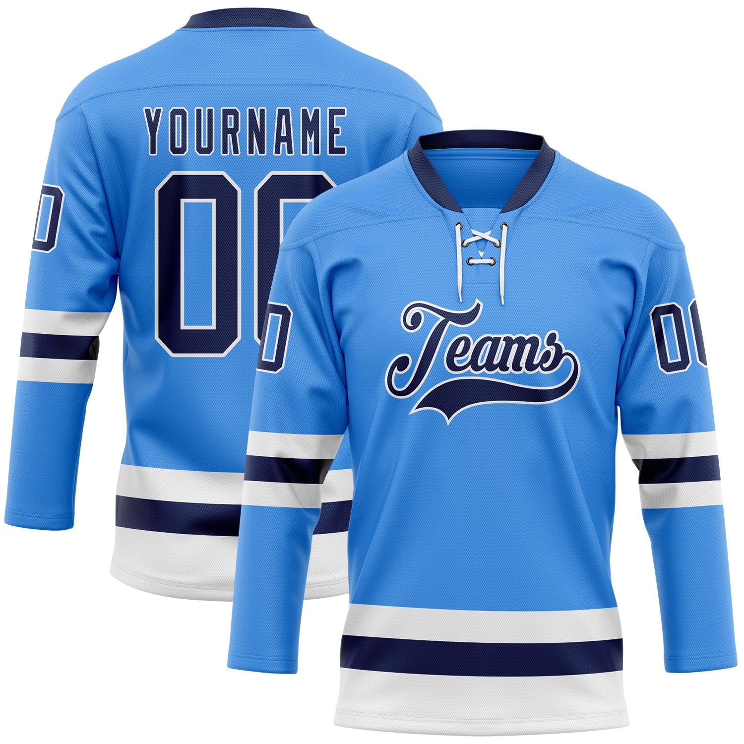 Custom Sky Blue Navy-White Hockey Lace Neck Jersey - Sky-Custom
