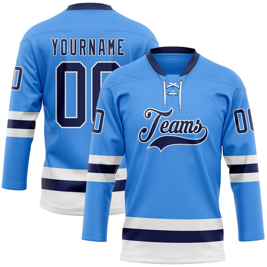 Custom Sky Blue Navy-White Hockey Lace Neck Jersey - Sky-Custom