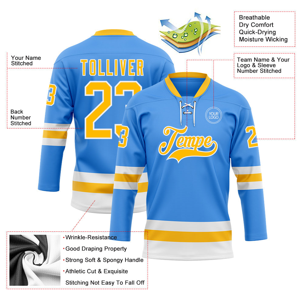 Custom Sky Blue Gold-White Hockey Lace Neck Jersey - Sky-Custom