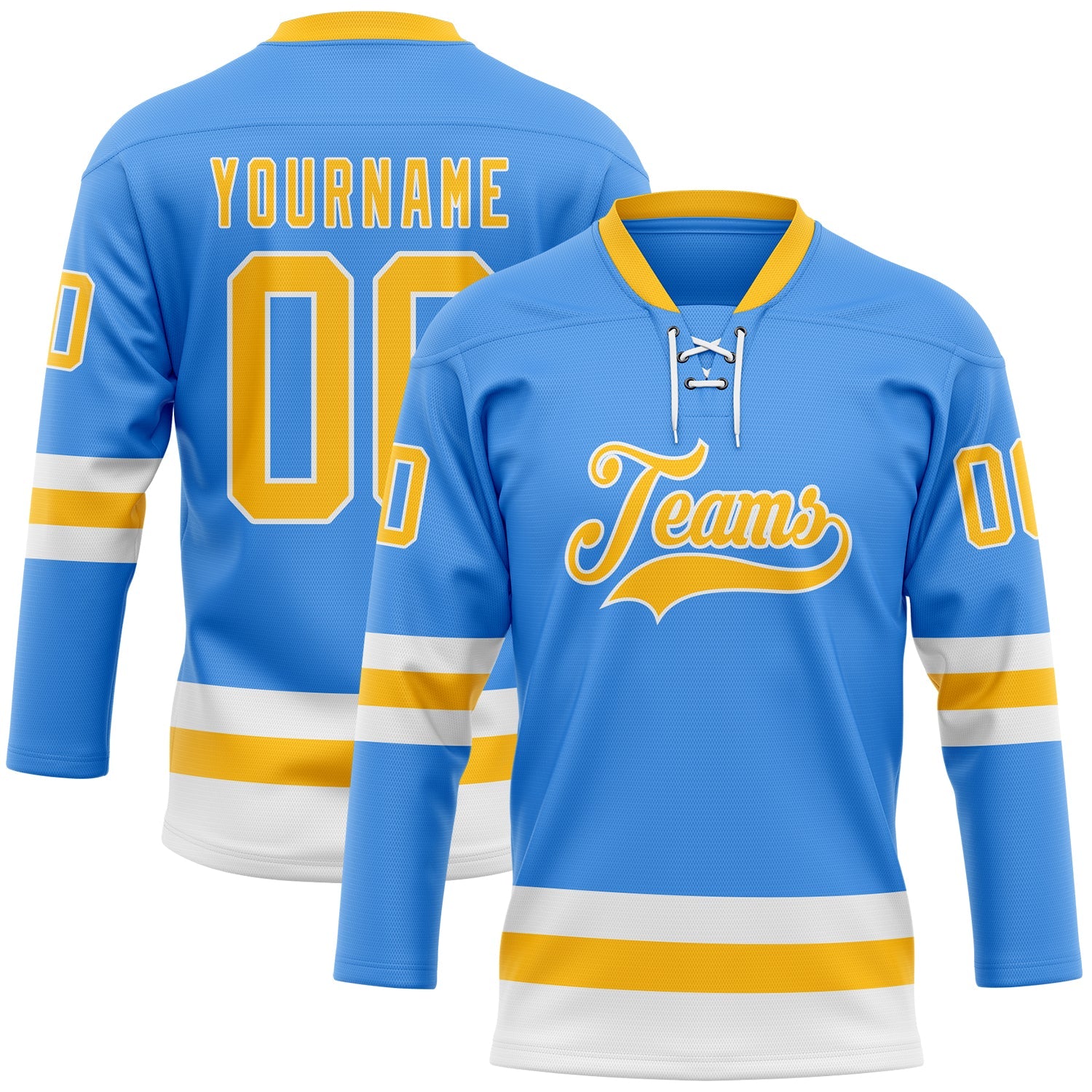 Custom Sky Blue Gold-White Hockey Lace Neck Jersey - Sky-Custom