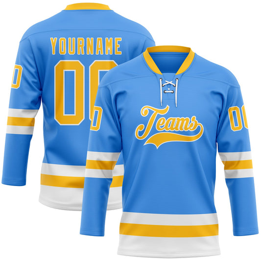 Custom Sky Blue Gold-White Hockey Lace Neck Jersey - Sky-Custom