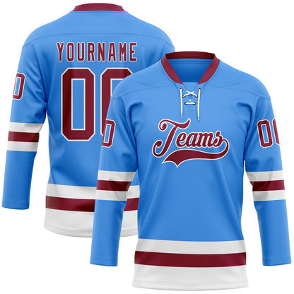 Custom Sky Blue Maroon-White Hockey Lace Neck Jersey - Sky-Custom
