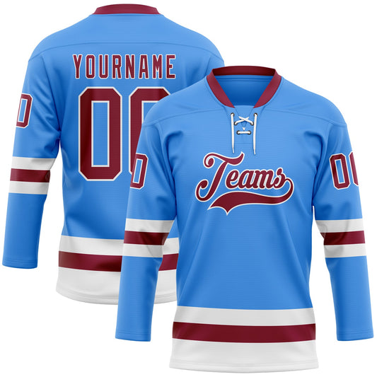 Custom Sky Blue Maroon-White Hockey Lace Neck Jersey - Sky-Custom
