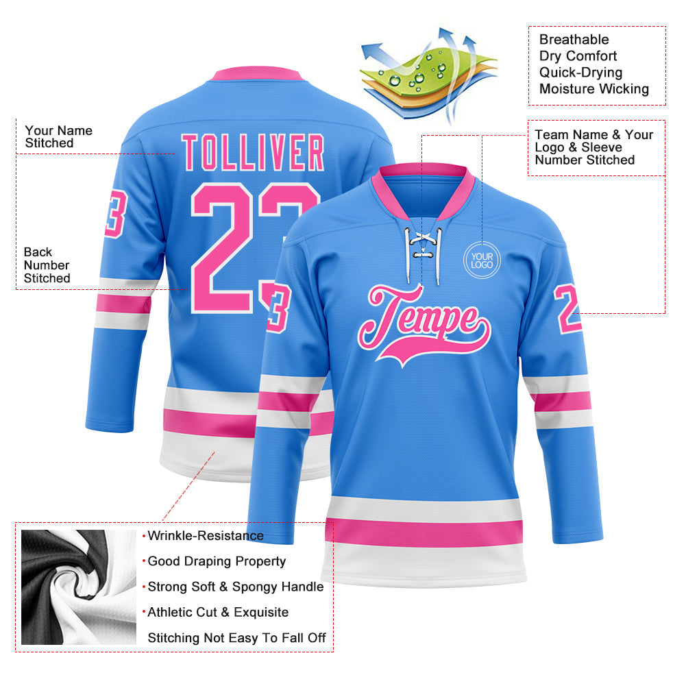 Custom Sky Blue Pink-White Hockey Lace Neck Jersey - Sky-Custom