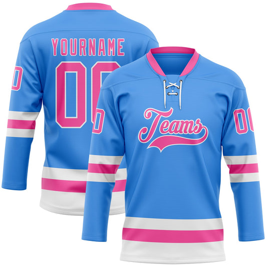 Custom Sky Blue Pink-White Hockey Lace Neck Jersey - Sky-Custom