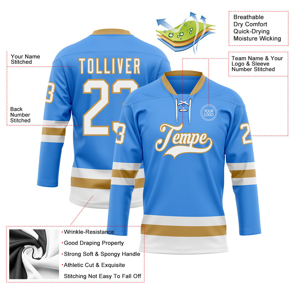 Custom Sky Blue White-Old Gold Hockey Lace Neck Jersey - Sky-Custom