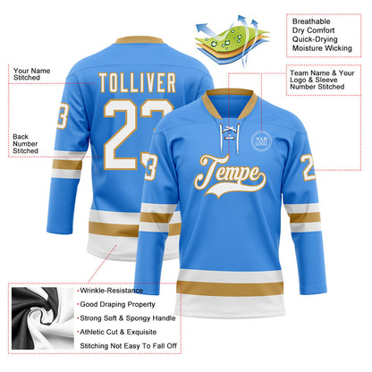 Custom Sky Blue White-Old Gold Hockey Lace Neck Jersey - Sky-Custom