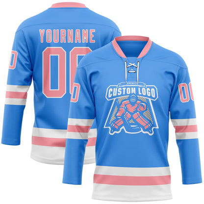 Custom Sky Blue Medium Pink-White Hockey Lace Neck Jersey - Sky-Custom