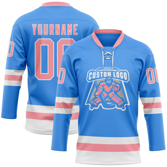 Custom Sky Blue Medium Pink-White Hockey Lace Neck Jersey - Sky-Custom
