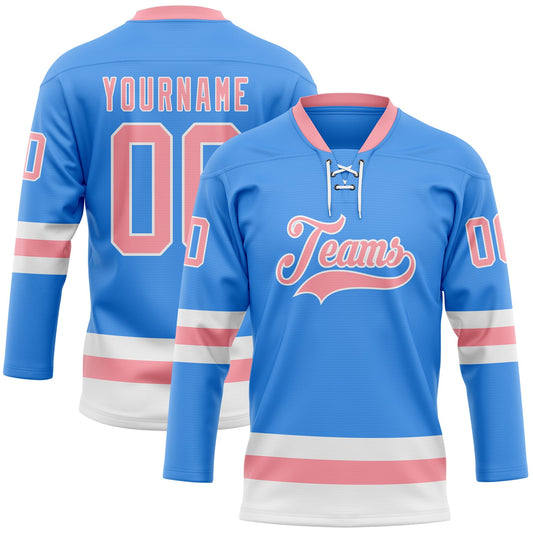 Custom Sky Blue Medium Pink-White Hockey Lace Neck Jersey - Sky-Custom