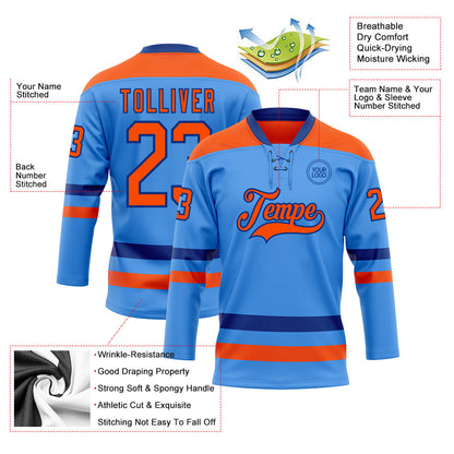 Custom Sky Blue Orange-Royal Hockey Lace Neck Jersey - Sky-Custom